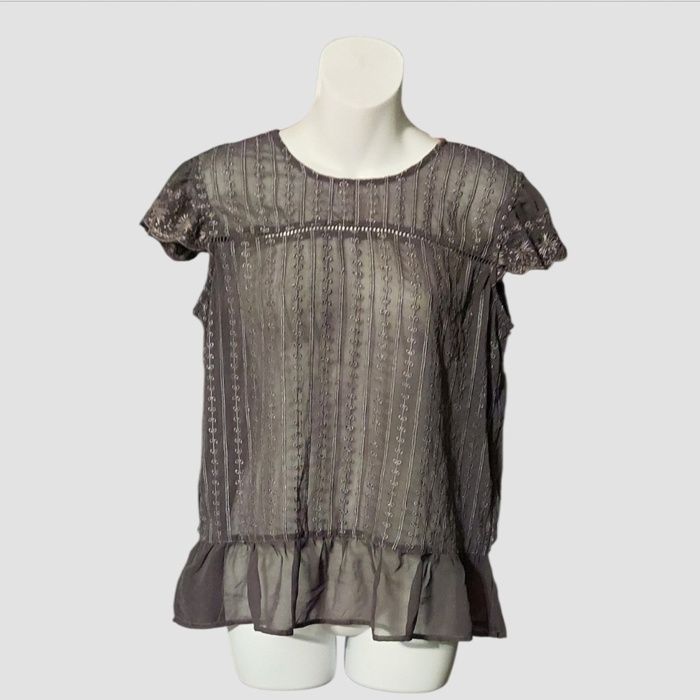 NWT Maurices Gray Flutter Sleeve  Embroidery Babydoll Blouse ~sz Medium